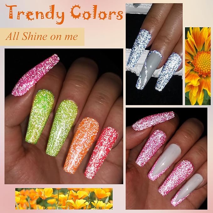 MEET ACROSS Reflective Glitter Neon Gel Polish Set, 12 Colors Gel Nail Polish Set Nails Gel Blue Hot Pink Purple Soak Off Uv Led Gel Nail Polish Kit Nail Gift for Her