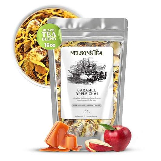 Nelson's Tea Caramel Apple Chai Tea Loose Leaf - Cut & Sifted Red Rooibos Loose Leaf Tea, Black Tea with Cinnamon Chips, Peppercorn, Ginger Root, Cardamom, Clove, Orange Peel and All Spice (16 oz)