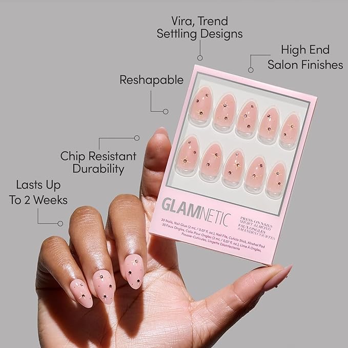 Glamnetic Press On Nails - Pink Comet | Short Almond Fake Nails in Pale Blush Pink with Lavender 3D Gems in a Glossy Finish, Salon Quality Holiday Winter Nails | 15 Sizes - 30 Nail Kit with Glue