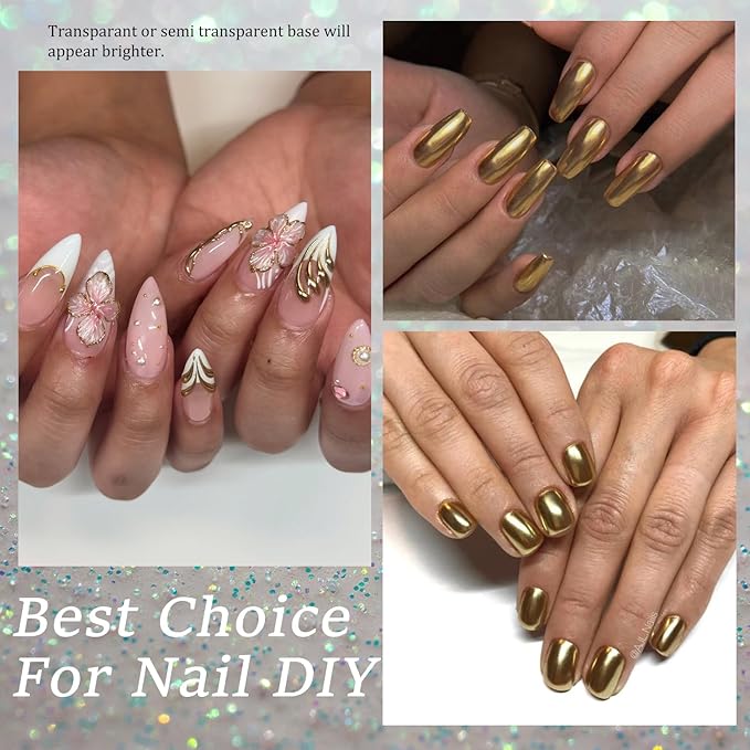 Gold & Silver Chrome Nail Powder - 4 Jar Metallic Mirror Effect Chrome Powder for Gel Nails, Nail Decoration Glitter Dust for Nail Art