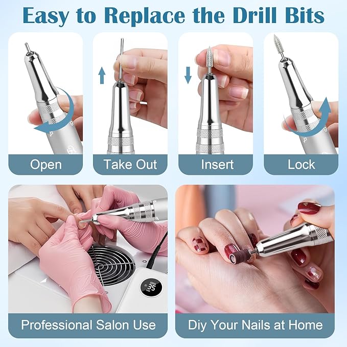 Nail Drill Professional 35000RPM, Cordless Electric Nail File Drills para Uñas, Portable Rechargeable E File 7 Bits Manicure Pedicure Kit for Acrylic Nails Gel Remover Salon Home Tools, White