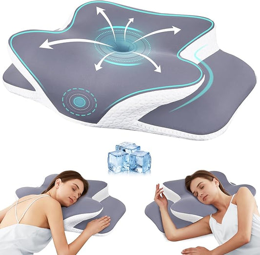 Cervical Neck Pillow for Neck Pain Relief & Support - Cooling Ergonomic Memory Foam Pillow with Dual-Height Contour & Ice Silk Cover for Side, Back, Stomach Sleepers,Grey