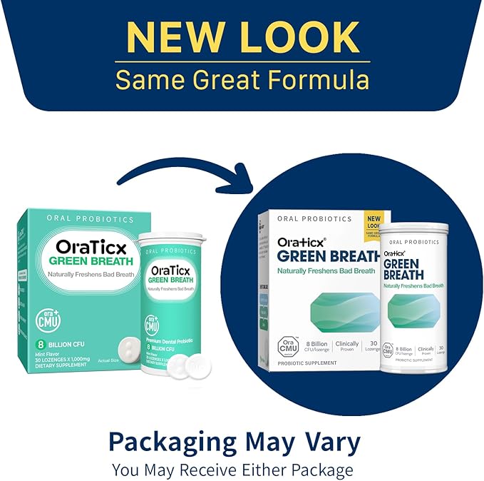 OraTicx Oral Probiotics Green Breath, Freshen Bad Breath, Dental Probiotic Supplement for Oral Health, 8 Billion CFU, Mint Flavor 30 Lozenges 2-Pack