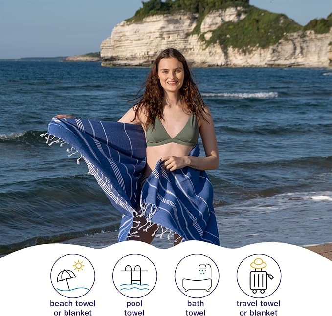 Turkish Beach Towels, Pack of 4 | Oversized, Quick Dry, Sand Free | 100% Cotton, Large 38x71 Towels for Beach, Pool, Travel | Ultra-Soft, Compact, and Absorbent | Blue