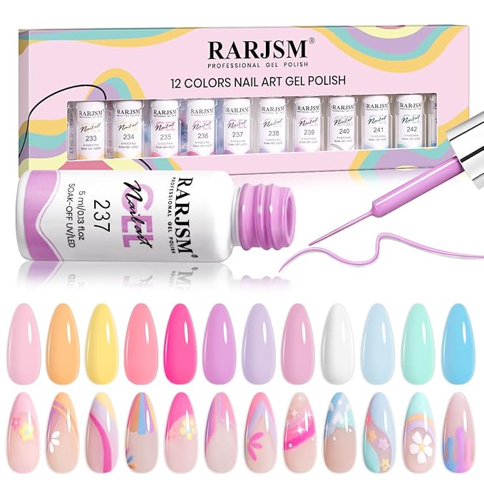RARJSM Gel Liner Nail Art 12 Colors Set Pink Purple White Green Yellow Blue Gelpolish Art Liners for Nails 5ml Summer Shades Striping Gel Nail Polish Thin Swirl Brush Soak off Curing Need