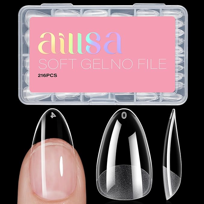 AILLSA Medium Almond Nail Tips Gel Half Matte Acrylic Nail Tips Clear Gelly Full Cover Pre-Filed Press on Nail tips Fake Nails For Extentions Manicure Salon Home DIY 216PCS 12 Sizes