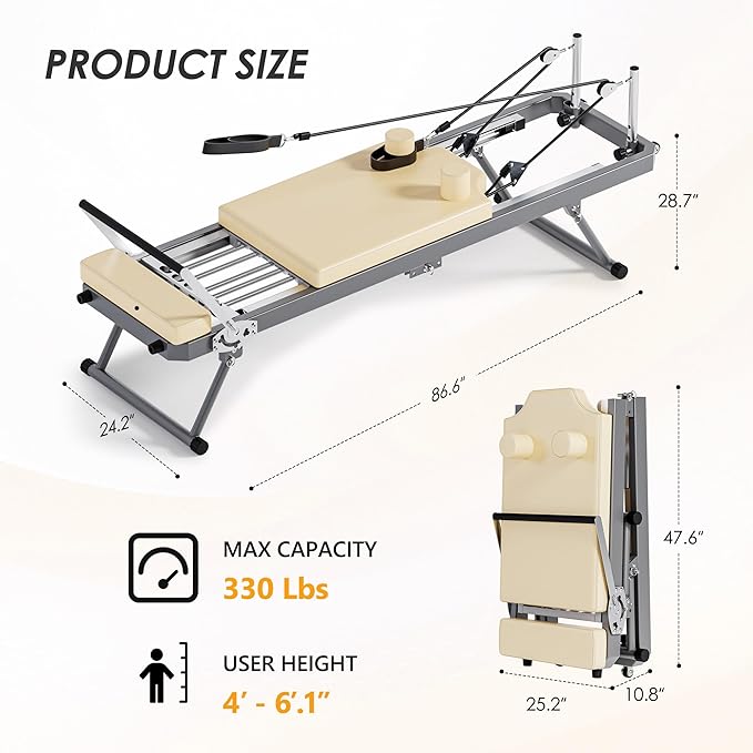 DlandHome Pilates Reformer, Foldable Pilates Reformer Machine with Springs & Resistance, Suitable for Advanced and Beginners Users Adjustable Pilates Equipment for Full-Body Home Workout Up to 330 lbs