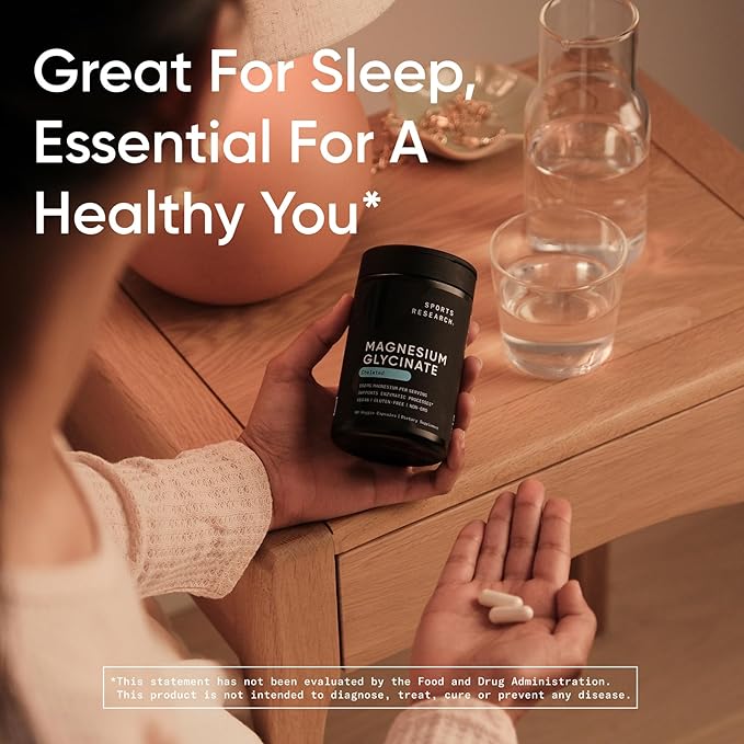 Sports Research® Magnesium Glycinate - Supports Restful Sleep & Enzymatic Processes - 160 mg Chelated Magnesium - Vegan Capsule - 180 Count