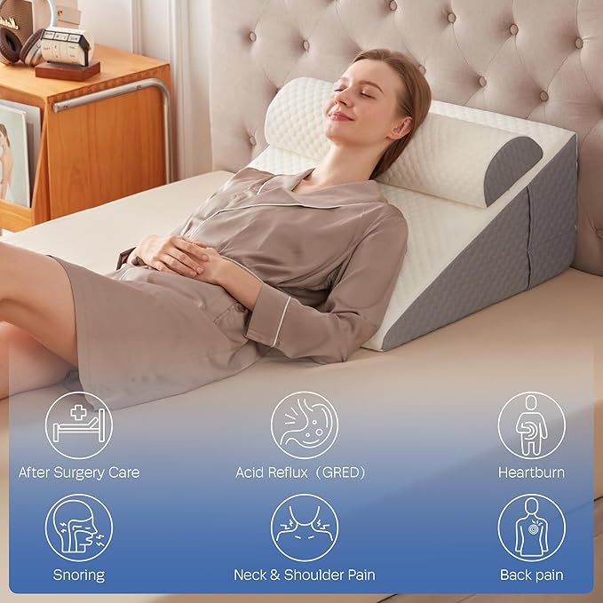 12" Bed Wedge Pillow for Sleeping with Headrest, Wedge Pillow Set for After Surgery Acid Reflux Back Pain Relief, Snoring & Gerd Memory Foam Triangle Incline Headboard Wedge Pillows