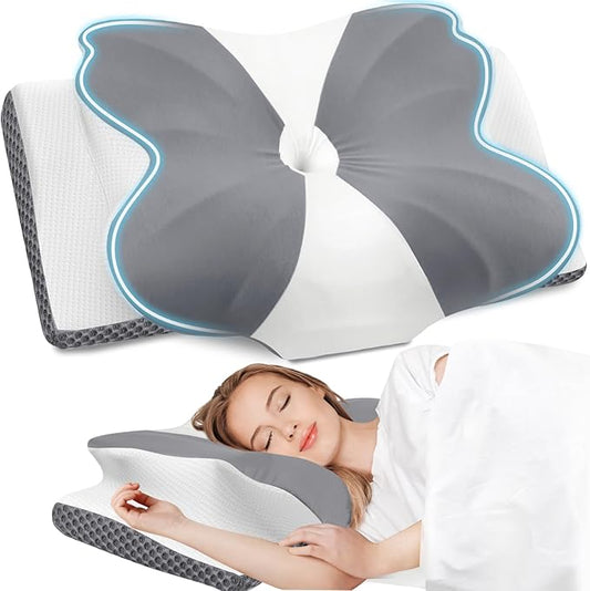 CloudBliss Cervical Memory Foam Pillow for Neck and Shoulder, Contour Neck Support Pillow with Cooling Case, Ergonomic Bed Pillow, Support for Side Back Stomach Sleepers (Grey, King Size)