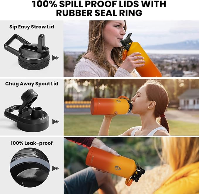 Insulated Water Bottle 87 oz, Triple Wall Vacuum Stainless Steel (Cold for 48 Hrs), Leak Proof & Non-BPA, Modern Water Flask Jug with Paracord Handle & Straw Spout Lids, Ombre Orange