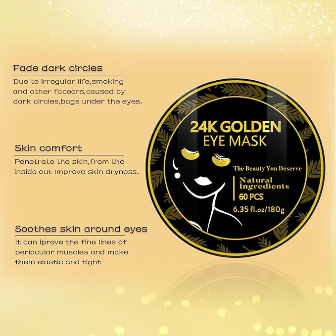 Under Eye Patches, 24K Gold Eye Mask, 60PCS Under Eye Mask, Collagen Gel Pads Patch Treatments for Lighten Wrinkles Puffy Eyes Dark Circles Anti-Aging Moisturizing, Fine Lines Eye Bags Women Men