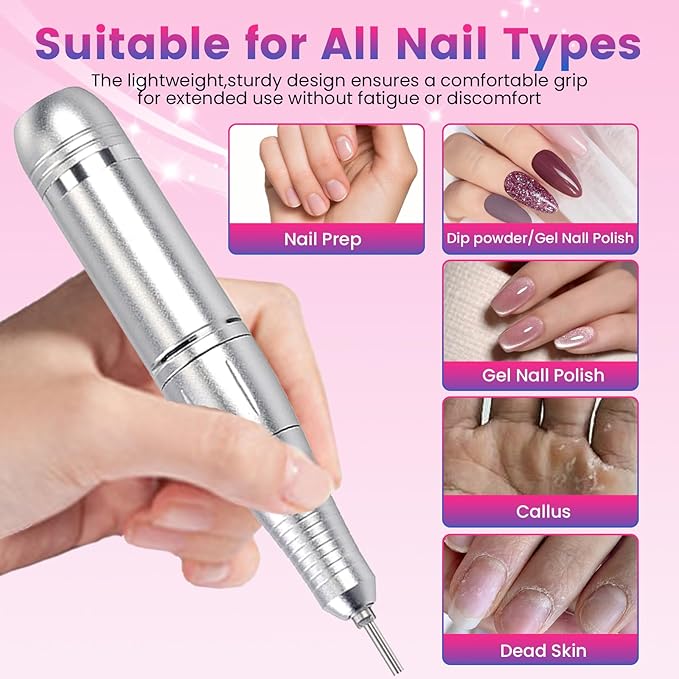 45000RPM Professional Cordless Portable Nail Drill Cordless Low Noise Nail Filer Electric Machine with Efile Bits & Base for Acrylic Nails, Nail Buffer Machine for Salon Home (Pink and Blue)