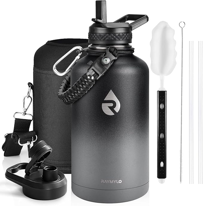 Insulated Water Bottle 64 oz, Triple Wall Vacuum Stainless Steel (Cold for 48 Hrs), Leak Proof & Non-BPA, Half Gallon Water Flask Jug with Paracord Handle & Straw Spout Lids, Dark Gray