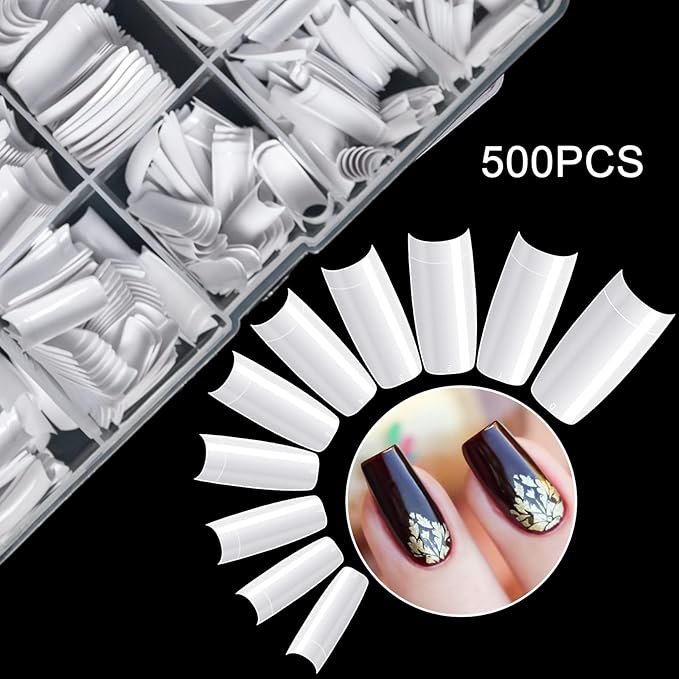 krofaue 500PCS False Nails Tips Lady French Style Acrylic Artificial Tip Manicure Half Cover with Box of 10 Sizes for Nail Tips Art Salons and Home DIY (White)