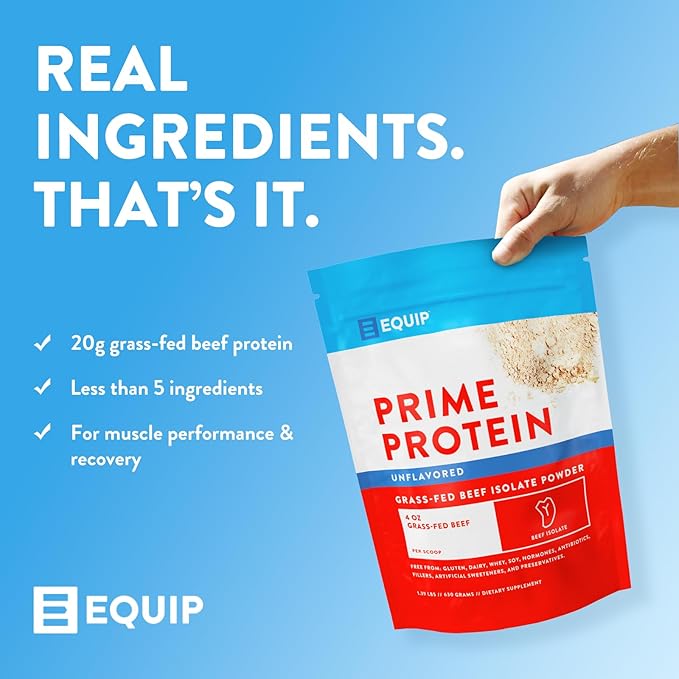 Equip Foods Prime Protein Powder | Clean, Grass Fed Beef Protein Powder | Carnivore Protein Isolate | Paleo, Keto Friendly | Gluten & Dairy Free | Helps Build & Repair Tissue | 30 Servings, Unflavored