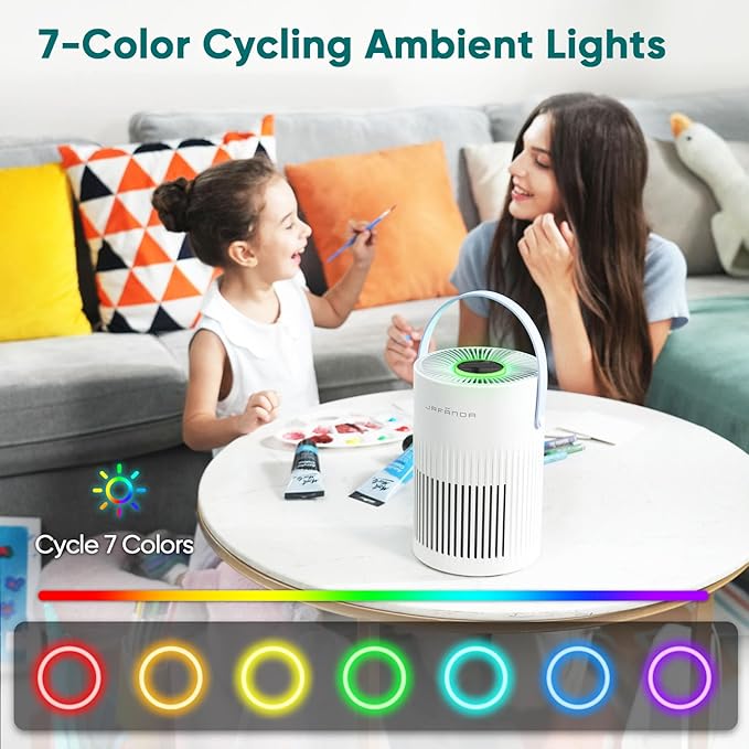 Jafanda Small Air Purifier JF068, 20dB Sleep Mode, Portable Air Cleaner with Handle, 3-Stage HEPA Filtration for Dust, Pollen, Pet Fur, Smoke, 7-Color Light for Home/Bedroom/Dorm/Office