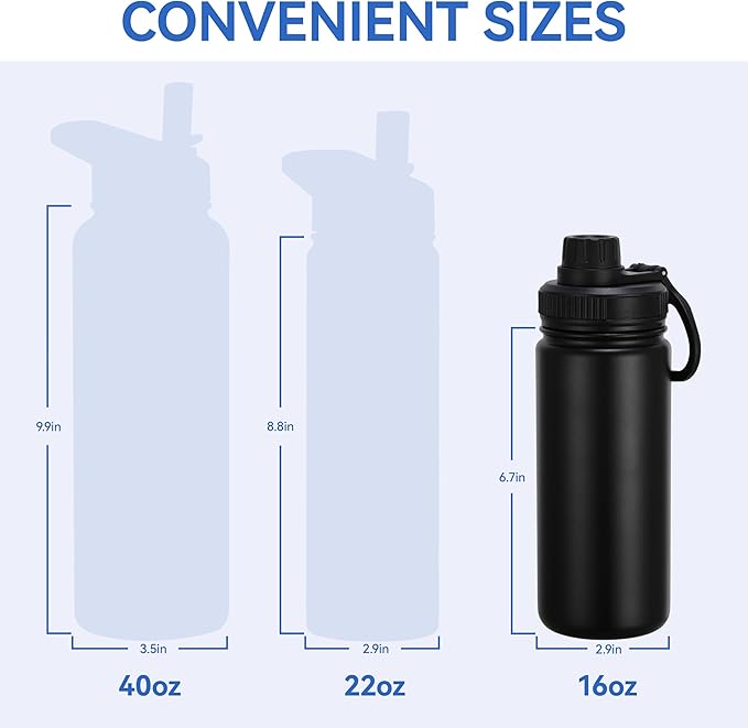 DOMICARE 16 oz Kids Water Bottle for School Stainless Steel Double Wall Vacuum Insulated Water Bottle with Straw lids & Spout Lid, Leakproof BPA Free （Black,4）