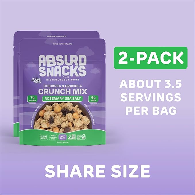 Absurd Snacks Chickpea & Granola Crunch Mix, Nut-Free, Gluten-Free, Plant-Based, Good Source of Protein & Fiber, Top-9 Allergen Free Snack Mix - 2-Pack (5 ounce, 3.5 servings) (Rosemary Sea Salt)