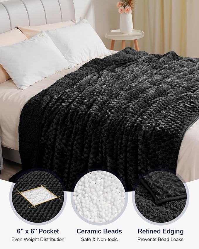 Super Soft Luxury Fleece Sherpa 20 lbs Weighted Blanket for Adults, Turtle Shell Fuzzy Cozy Warm Queen Weighted Throw for Winter, Ceramic Beads Washable Heavy Blankets for Couch Bed, Black, 60" x 80"
