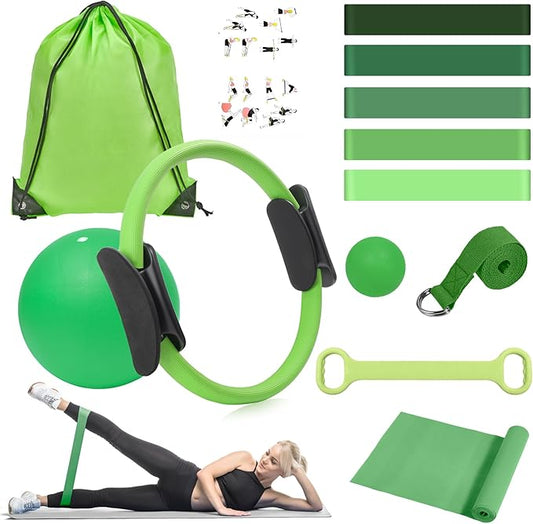 HASHMUST Pilates Ring Kit 12 PCS for Women, Home Workout Equipment with Magic Circle, Mini Exercise Ball, Resistance Bands, Massage Lacrosse, Yoga Strap, Full-Body Fitness Set for Toning & Gift