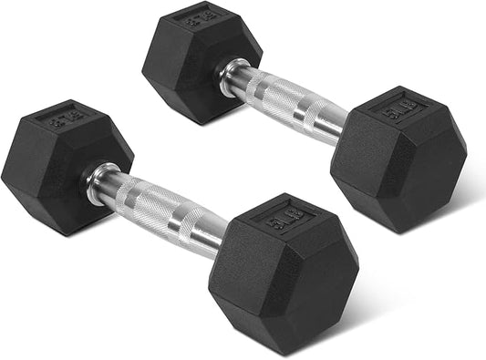 Rubber Encased Hex Weights Dumbbells Set of 5 – 50 lb Pair | Cast Iron Hand Weights with Anti-Slip Grip for Home Gym Strength Training