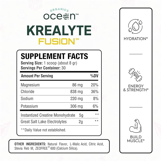 Organics Ocean Krealyte Fusion - Instantized Creatine Monohydrate Powder with Electrolytes - Muscle Strength, Endurance & Hydration Support - Vegan, Sugar-Free, Pink Lemonade Flavor - 60 Servings