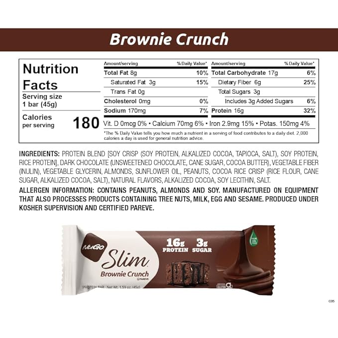 Nugo Slim Dark Chocolate Brownie Crunch, 16g Protein, 2g Sugar, 7g Fiber, Low Net Carb, Keto Friendly, Gluten Free, 24 Count