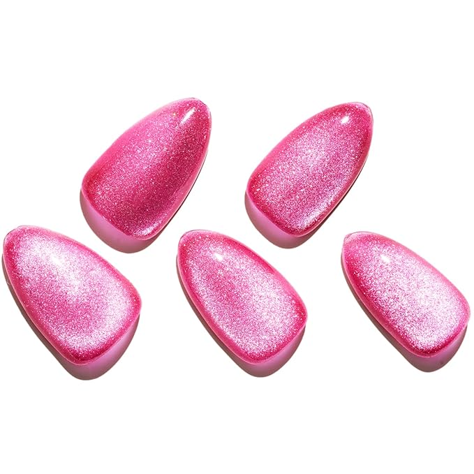 GLAMERMAID Pink Magnet Cat Eyes Press on Nails Short Almond, Handmade Jelly Gel Fake Nail Kits, Ombre Glitter Magnetic Glue on Nail Stiletto, Pink Aurora Medium Oval Stick on False Nail Set for Women