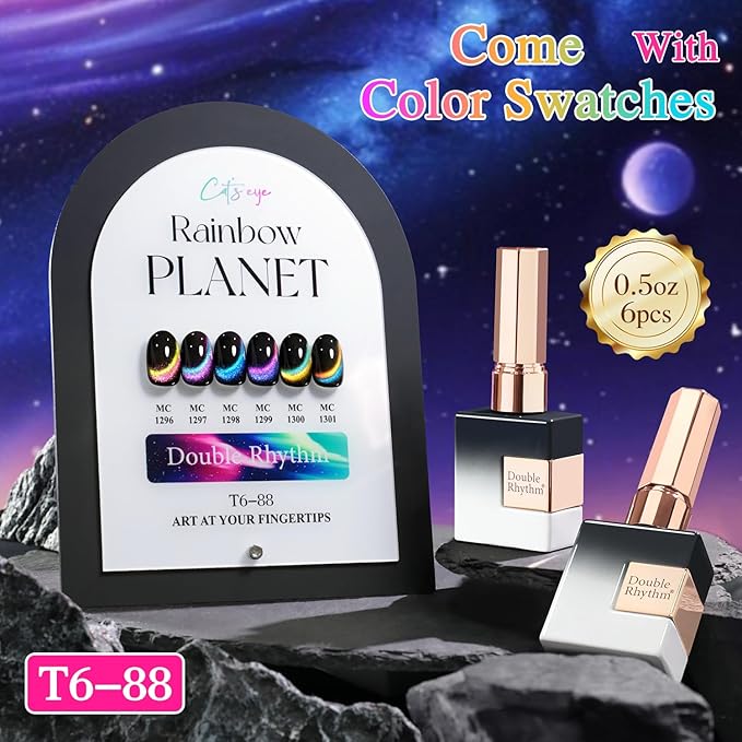 Double Rhythm Cat Eye Gel Nail Polish Set of 6 Same Color Same Bottle 0.5 Oz Shimmer Glitter with Magnet Holographic Reflective Magnetic UV Nail Polish Kit at Home (Holographic Rainbow-T6-88)