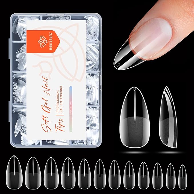 modelones Medium Almond Nail Tips, Pre-shaped Soft Gel Tips Fake Nails False Acrylic Clear Full Cover Press on Extension Kit Gel Manicure DIY at Home 216PCS 12Sizes