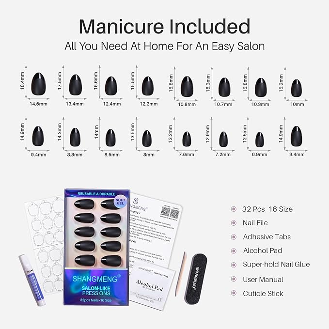 Soft Gel Black Press on Nails Almond - Short Nails with Glossy French Tips in a Matte Finish, Stick on Nails with Glue in 16 Sizes - 32 Reusable Fake Nails for Women, Matte Black