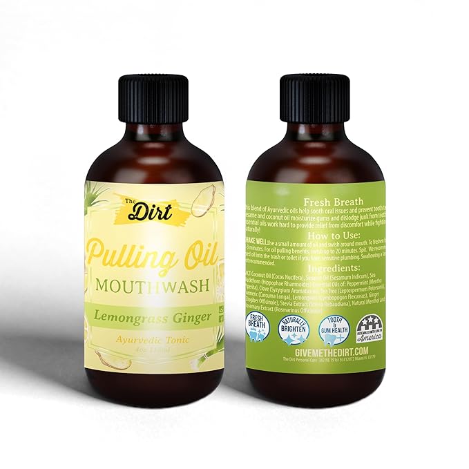 THE DIRT Oil Pulling Mouthwash - Gluten Free - Removes Plaque, Tartar, Bad Breath & Whitens Teeth (Lemongrass & Ginger, 4 Ounce)