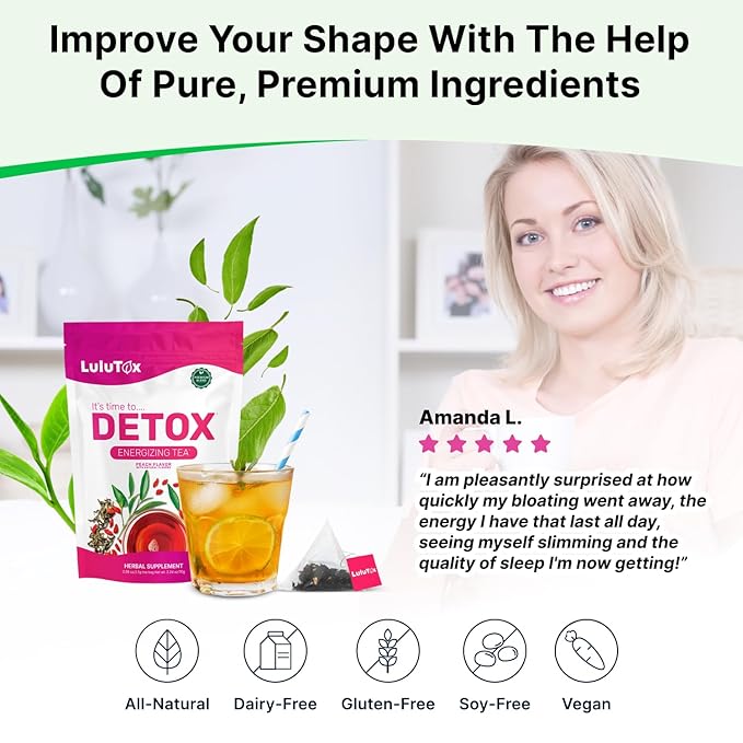 LULUTOX Detox Tea - Herbal Blend with Dandelion, Ginseng, and Ginger - Supports A Healthy Weight, Digestive Health - Vegan, All Natural, Laxative-Free - Peach Flavor (3 Pack x 28 Servings)