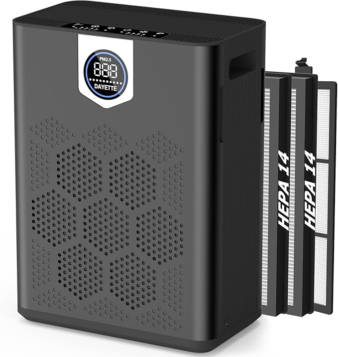 DAYETTE Air Purifier for Home Large Room Bedroom Up to 3000 Ft² with Washable Pre-Filter, Air Quality Monitor, HEPA Air Purifiers with Sleep Mode for Dust, Pollen,Black