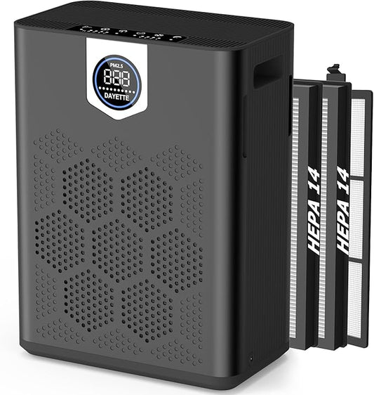DAYETTE Air Purifier for Home Large Room Bedroom Up to 3000 Ft² with Washable Pre-Filter, Air Quality Monitor, HEPA Air Purifiers with Sleep Mode for Dust, Pollen,Black