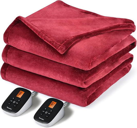 Sunable Heated Electric Blanket - Machine Washable Blanket with Time Settings 10 Heat Settings Queen Size 84×90 inches Burgundy -Velvet