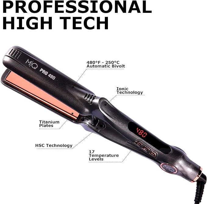 MQ Hair - Professional Titanium Flat Iron 480°F - Bivolt, Anatomic Design, Ultra-Smooth, Mirror Effect - 3 Passes Needed, Temperature Control, Perfect Straightening - Gray Color