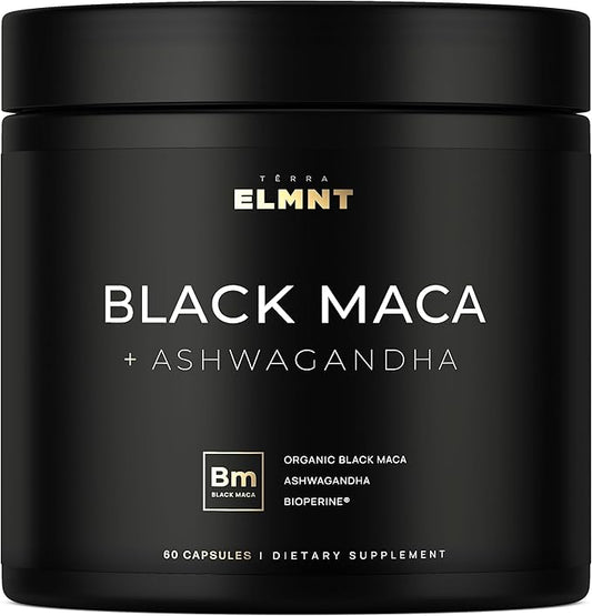ELMNT 40,000mg 40x Strength Organic Black Maca Root w. Ashwagandha - #1 Highest Potency Black Maca Root Capsules for Men Supplement 40:1 Extract - 100% Pure Maca Peruana Maca Powder Pills Gelatinized