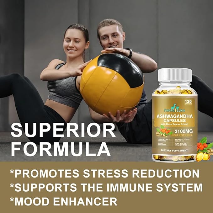 Superior Potency Ashwagandha 2100mg + Black Pepper Extract 8mg Supplement for Stress Relief & Immune Support, 120 Softgel Capsules, 60-Day Supply
