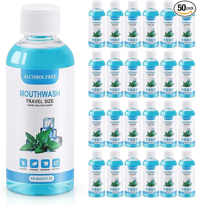 50 pcs Travel Size Mouthwash Bulk, 80ml/2.7fl oz, Mini Fresh Mint Portable Mouthwash Individual Bottles for Travel Toiletry Kits