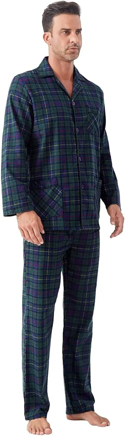 GLOBAL Men's Pajamas Sets 100% Cotton Flannel Sleepwear Long-Sleeve top & Bottom
