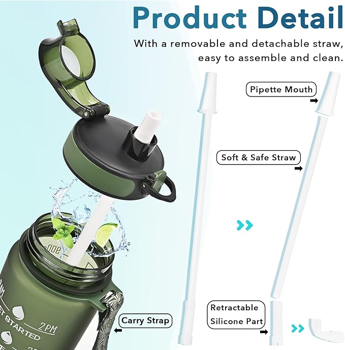 Enerbone Water Bottle, Leakproof BPA & Toxic Free, Motivational Water Bottle with Times to Drink and Straw, Fitness Sports Water Bottle with Strap for Office, Gym, Outdoor Sports