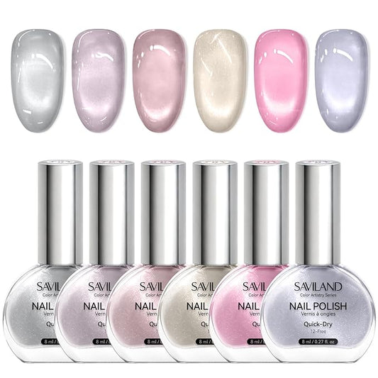 SAVILAND Glass Bead Cat Eye Nail Polish Set: Quick Dry 6 Colors Magnetic Nail Polish with Magnet 12-Free Fingernail Polish Air Dry Nail Lacquer Bulk for Beginners Home Use Women Gift