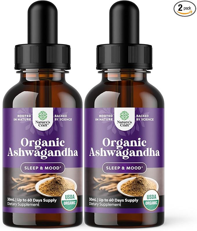 Natures Craft USDA Organic Ashwagandha Liquid Drops - Liquid Ashwagandha Root Extract for Stress and Mood Support - Tasty Adaptogenic Tincture Non GMO Vegan Gluten Alcohol and Sugar Free (2 Pack)