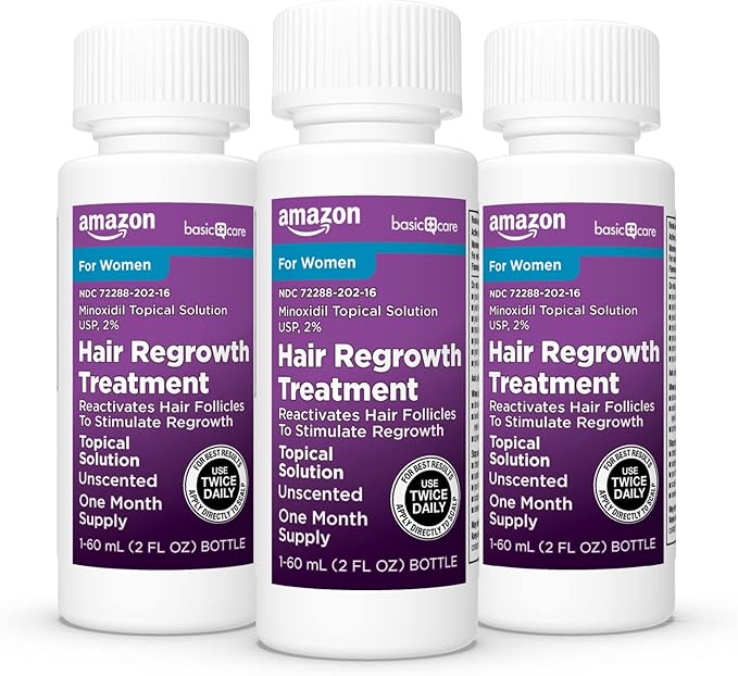Amazon Basic Care Minoxidil Topical Solution USP, 2% Hair Regrowth Treatment for Women, 3-Month Supply, Unscented, 2 fl oz (Pack of 3)