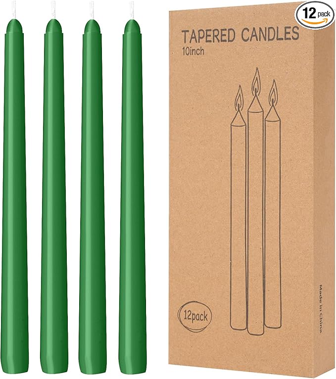 12 Pack Green Taper Candles 10 inch - Taper Candles Dripless, Smokeless, Unscented - 8 Hours Long Burning - Hand Poured Tall Candlesticks - Perfect for Home Decor, Weddings, and Special Occasions