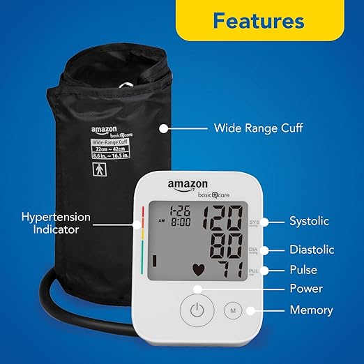Amazon Basic Care Blood Pressure Monitor, Wide Range Arm Cuff with Intelligent Inflation Technology, Large (Previously Healthwise)