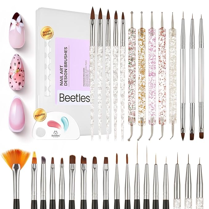 Beetles Nail Art Brushes 31pcs with Case - Confetti Nail Art Pens Daul Ended Dotting Tools Striping Liner Brushes for Nails 3D Flower Sculpting Tools Palette Holder DIY Home Salon Manicure Design Set