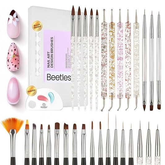 Beetles Nail Art Brushes 31pcs with Case - Confetti Nail Art Pens Daul Ended Dotting Tools Striping Liner Brushes for Nails 3D Flower Sculpting Tools Palette Holder DIY Home Salon Manicure Design Set